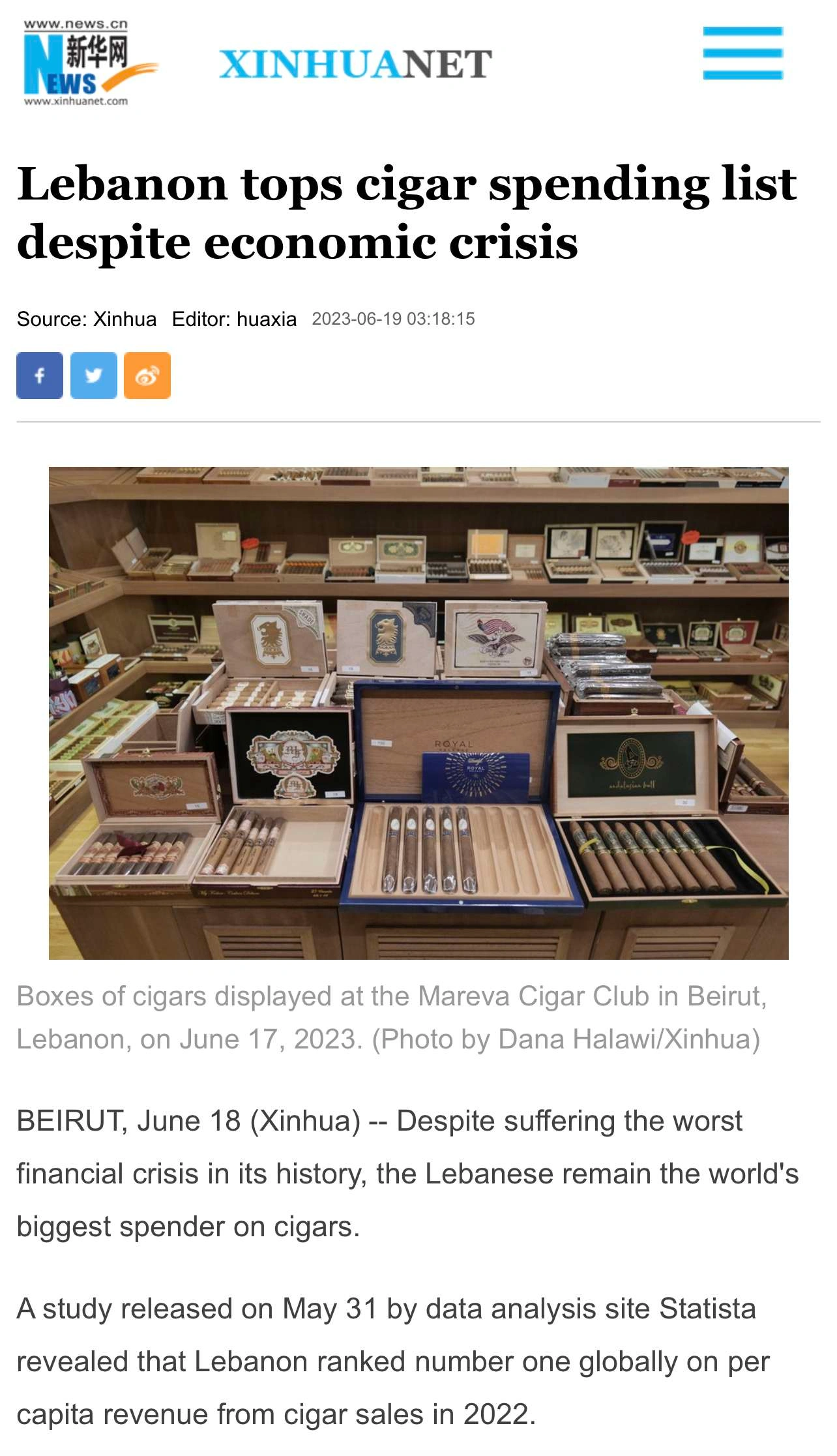 Lebanon Tops Cigar Spending List: XinhuaNet Spotlights Club Mareva Beirut's Insights